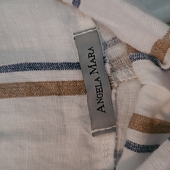 Angela Mara Linen White Tan Blue Striped Pull-on Wide Pants Popover Top Tie Sz L - Picture 8 of 16
